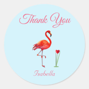 Cute Flamingo & Heart Dank u op Licht Blauw Ronde Sticker