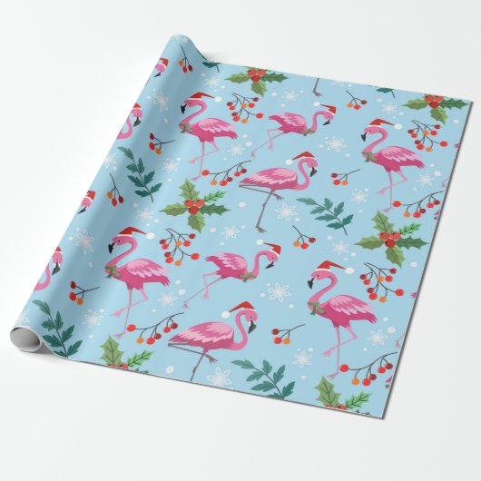 Cute Flamingo kerstpatroonverdringerpapier Cadeaupapier (Uitgerold)