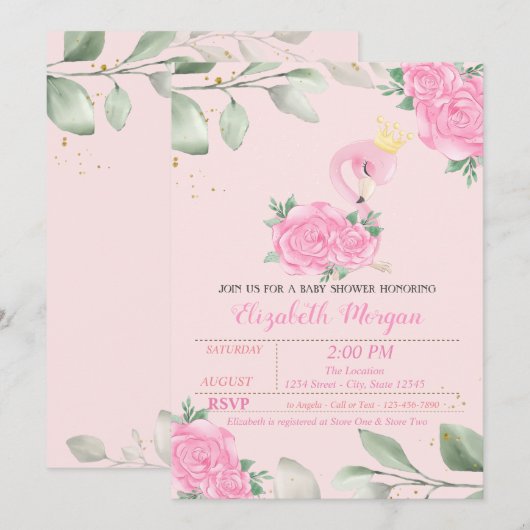 Cute Flamingo, Leaves, Floral Baby shower Kaart (Voorkant / Achterkant)