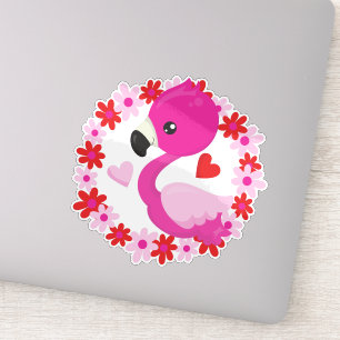 Cute Flamingo, Pink Flamingo, Bird, Flowers, Heart Sticker