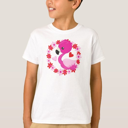 Cute Flamingo, Pink Flamingo, Bird, Flowers, Heart T-shirt (Voorkant)