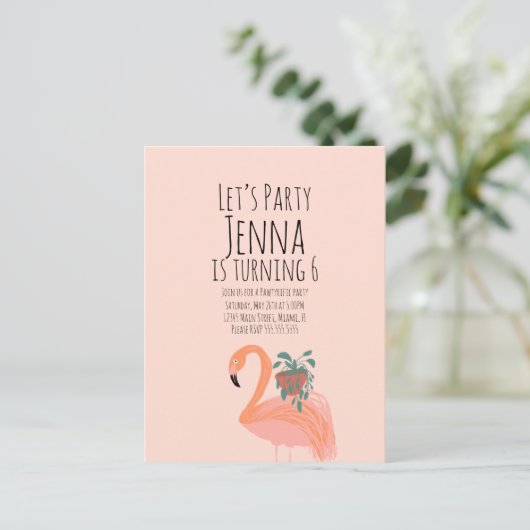 Cute Flamingo Plant Birthday Party Pink Briefkaart (Staand voorkant)