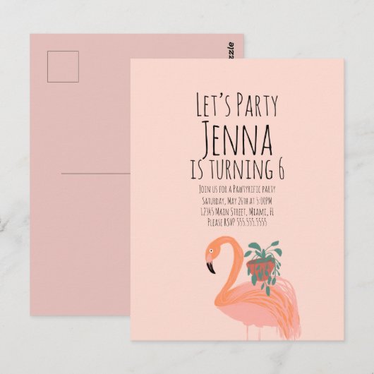 Cute Flamingo Plant Birthday Party Pink Briefkaart (Voorkant / Achterkant)