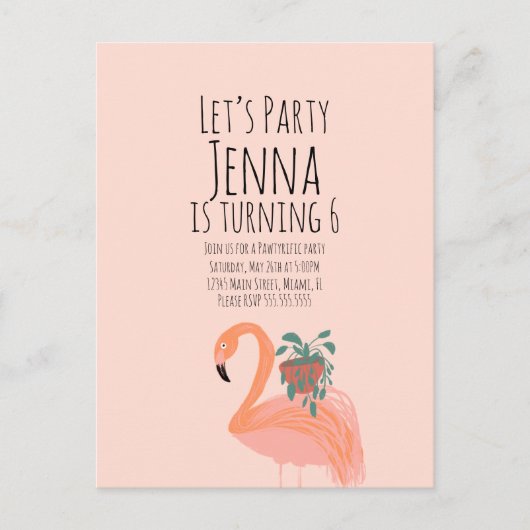 Cute Flamingo Plant Birthday Party Pink Briefkaart (Voorkant)