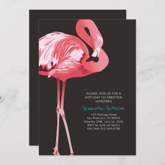 Cute Flamingo Tropical Birthday Party Invitation Kaart (Voorkant / Achterkant)