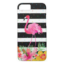 Cute Flamingo Tropical Flowers & Black Stripes