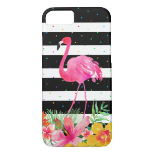 Cute Flamingo Tropical Flowers & Black Stripes iPhone 8/7 Hoesje