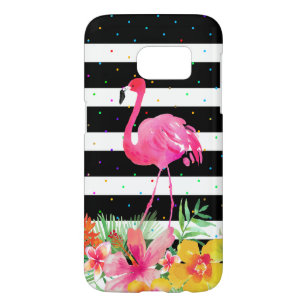 Cute Flamingo Tropical Flowers & Black Stripes Samsung Galaxy S7 Hoesje