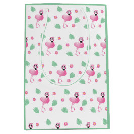 Cute Flamingo Tropical Flowers Leaf Pattern Green Medium Cadeauzakje