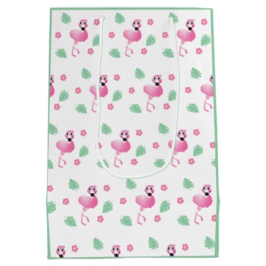 Cute Flamingo Tropical Flowers Leaf Pattern Green Medium Cadeauzakje (Achterkant)