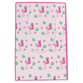 Cute Flamingo Tropical Flowers Pattern roze Medium Cadeauzakje