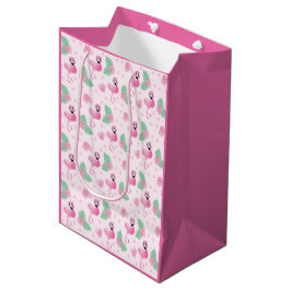 Cute Flamingo Tropical Leaf Flowers Pattern roze Medium Cadeauzakje