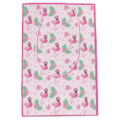 Cute Flamingo Tropical Leaf Flowers Pattern roze Medium Cadeauzakje (Voorkant)