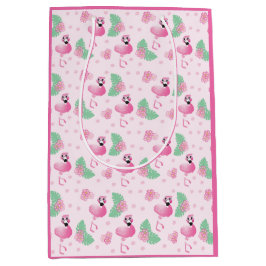 Cute Flamingo Tropical Leaf Flowers Pattern roze Medium Cadeauzakje