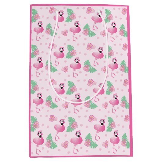 Cute Flamingo Tropical Leaf Flowers Pattern roze Medium Cadeauzakje (Voorkant)