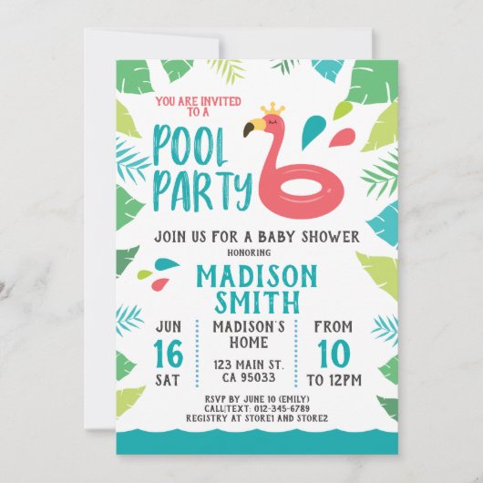Cute Flamingo Tropical Pool Party Baby shower Kaart (Voorkant)