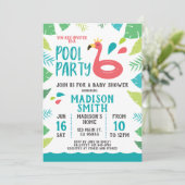 Cute Flamingo Tropical Pool Party Baby shower Kaart (Staand voorkant)