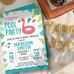 Cute Flamingo Tropical Pool Party Baby shower Kaart