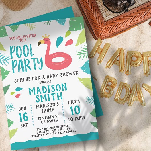 Cute Flamingo Tropical Pool Party Baby shower Kaart
