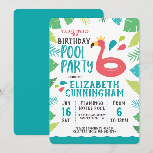 Cute Flamingo Tropical Pool Party Birthday Kaart (Voorkant / Achterkant)