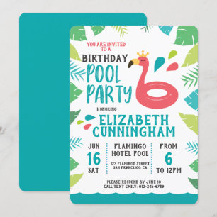 Cute Flamingo Tropical Pool Party Birthday Kaart