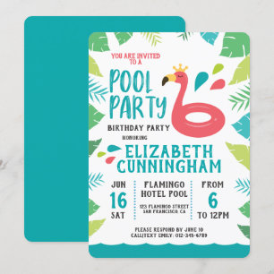 Cute Flamingo Tropical Pool Party Birthday Kaart