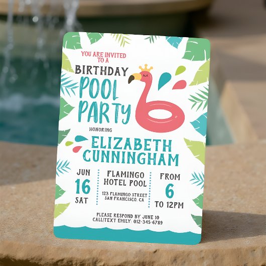 Cute Flamingo Tropical Pool Party Birthday Kaart