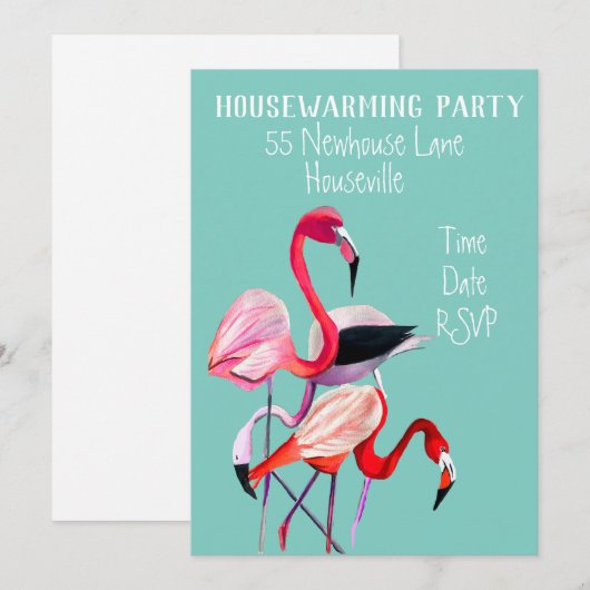 Cute flamingo waterverf-huisopwarming Partij Kaart (Voorkant / Achterkant)