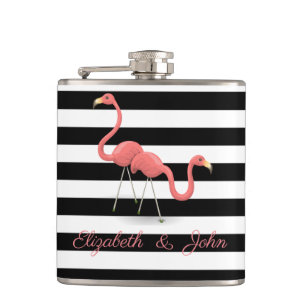 Cute Flamingos, Black White Stripes, op maat gemaa Heupfles
