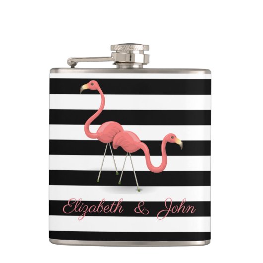 Cute Flamingos, Black White Stripes, op maat gemaa Heupfles (Voorkant)