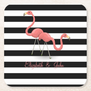 Cute Flamingos, Black White Stripes, op maat gemaa Kartonnen Onderzetters