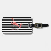 Cute Flamingos, Black, White Stripes Personalized Bagagelabel (Voorkant horizontaal)