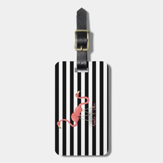 Cute Flamingos, Black, White Stripes Personalized Bagagelabel (Voorkant verticaal)