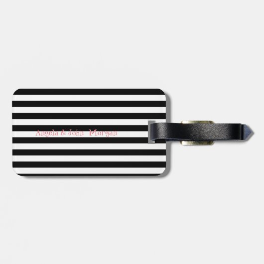 Cute Flamingos, Black, White Stripes Personalized Bagagelabel (Achterkant horizontaal)