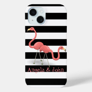 Cute Flamingos, Black, White Stripes Personalized iPhone 15 Case