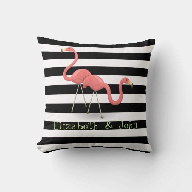 Cute Flamingos, Black, White Stripes Personalized Kussen (Voorkant)
