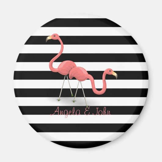 Cute Flamingos, Black, White Stripes Personalized Magneet (Voorkant)