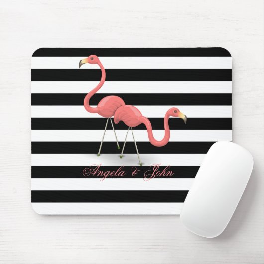 Cute Flamingos, Black, White Stripes Personalized Muismat (Met muis)