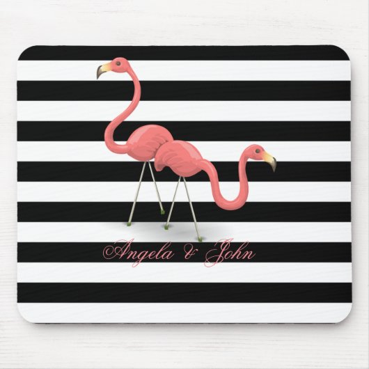 Cute Flamingos, Black, White Stripes Personalized Muismat (Voorkant)