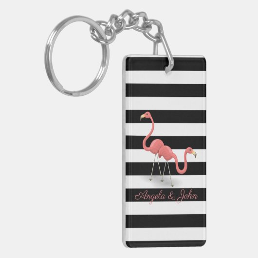 Cute Flamingos, Black, White Stripes Personalized Sleutelhanger (Voorkant Links)