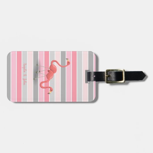 Cute Flamingos, Stripes Personalized Bagagelabel (Voorkant horizontaal)