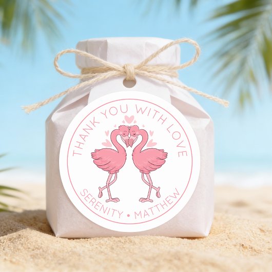 Cute Flamingos Tropical Beach Wedding Thank You Ronde Sticker