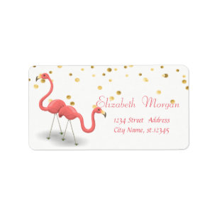 Cute Flamingos White, Faux Gold Foil Confetti Etiket