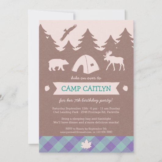 Cute Flannel Girls Camping Birthday Party Invite Kaart (Voorkant)