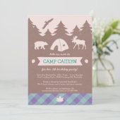 Cute Flannel Girls Camping Birthday Party Invite Kaart (Staand voorkant)