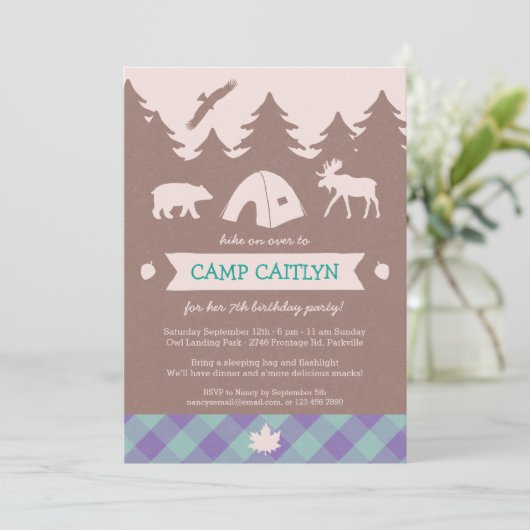 Cute Flannel Girls Camping Birthday Party Invite Kaart (Staand voorkant)