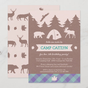 Cute Flannel Girls Camping Birthday Party Invite Kaart
