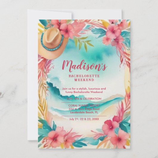Cute Floral Beach Cowgirl Hat Coastal Bachelorette Kaart (Voorkant)