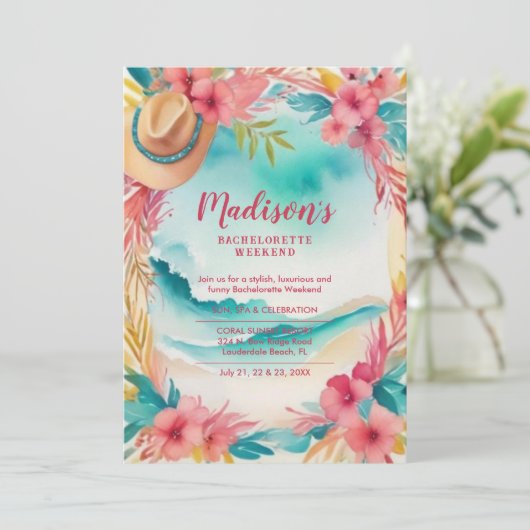 Cute Floral Beach Cowgirl Hat Coastal Bachelorette Kaart (Staand voorkant)