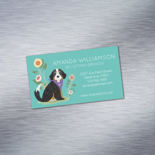 Cute Floral Bernese Mountain Dog Pet Care Magnetisch Visitekaartje (Voorbeeld)